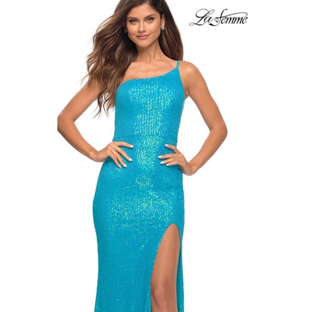 La Femme One Shoulder Stretch Sequin Gown Sz 6 Aqua 30618 Prom Formal Party NEW!